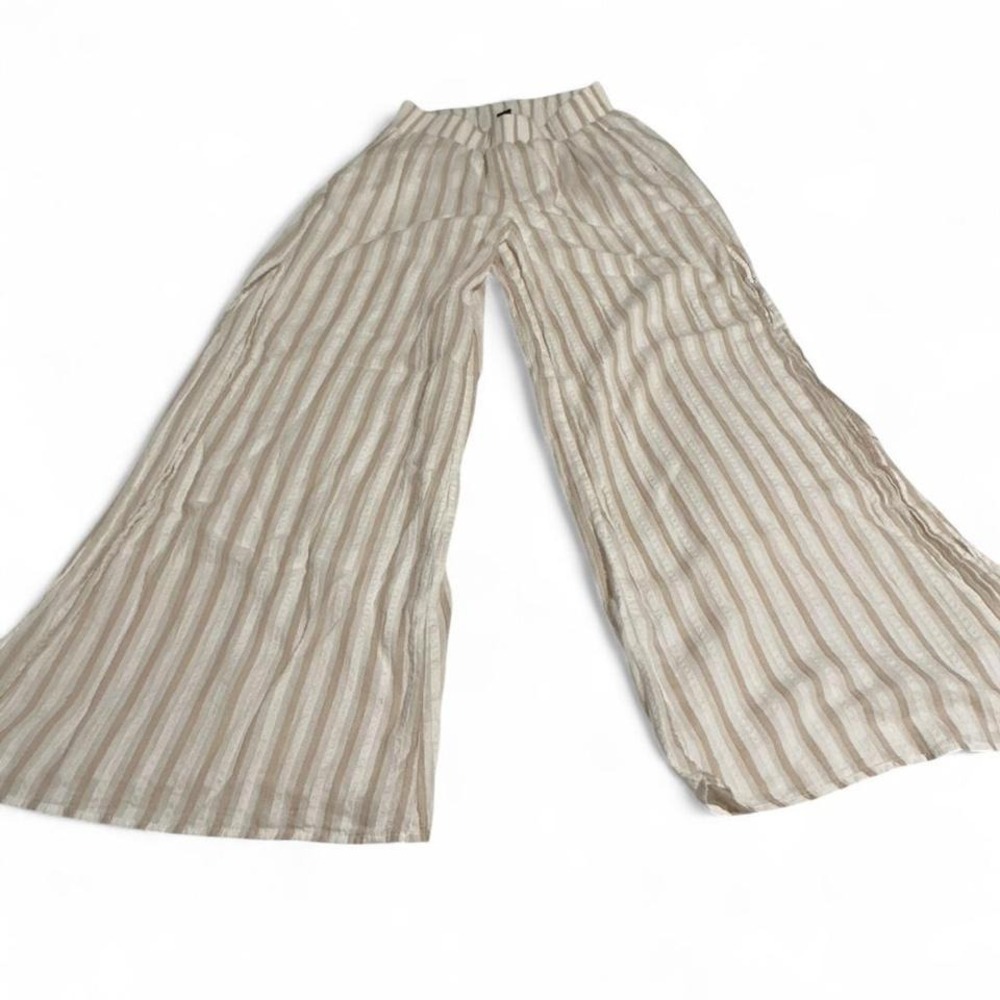 Forever‎ 21 Wide Leg Split Pants Womens Small Beige Striped Elastic Waist